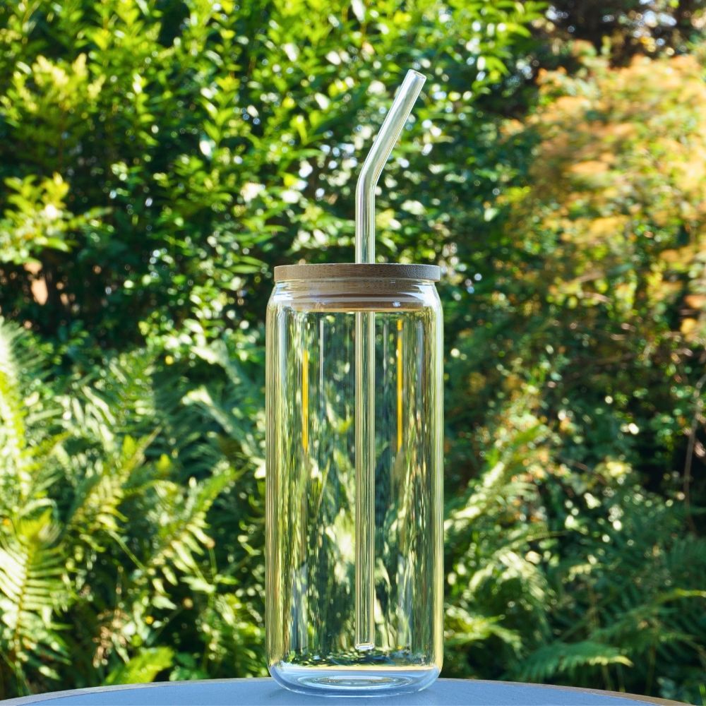 Glas Tasse mit Bambusdeckel und Glas-Strohhalm - LUNDAVY