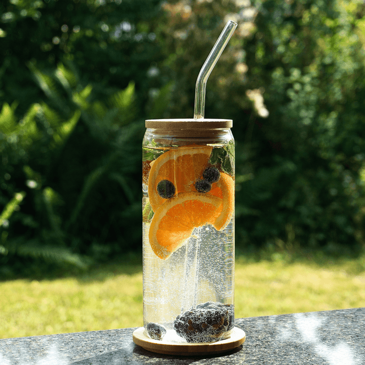 Glas Tasse mit Bambusdeckel und Glas-Strohhalm - LUNDAVY