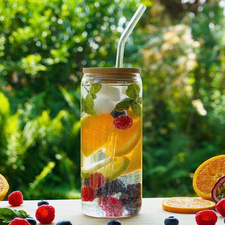 Glas Tasse mit Bambusdeckel und Glas-Strohhalm - LUNDAVY